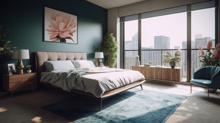 Minimalist Apartment Bedroom with Large Widows and Aqua Colors