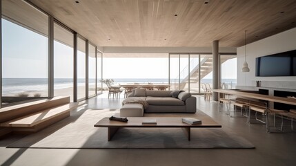 Luxury Beach House Living Room Interior with Stunning Views of the Ocean