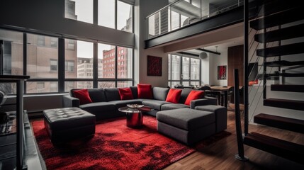 Red and Black Luxurious Living Room in a Two-Level Downtown Apartment