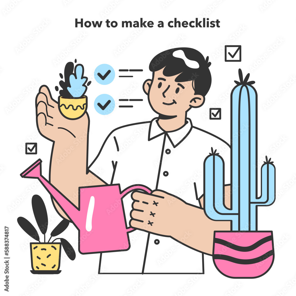 Poster checklist making concept. character planning the daily routine