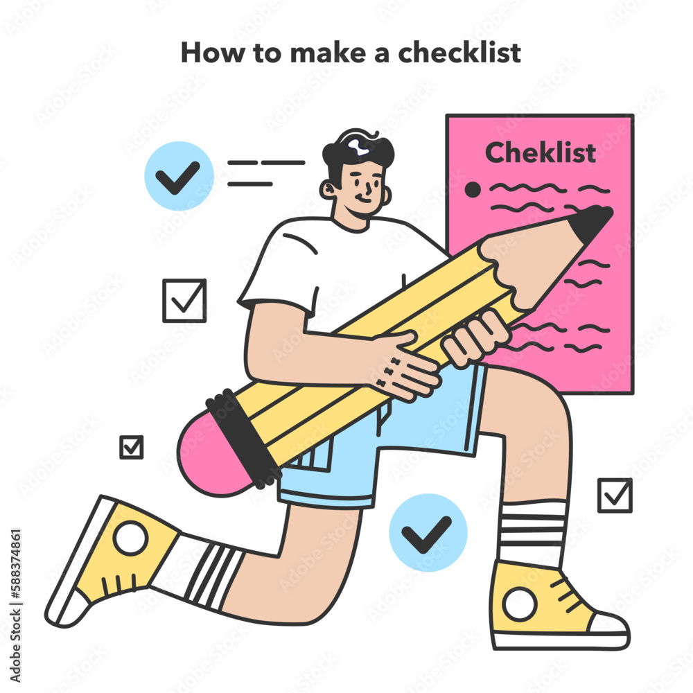 Poster checklist making concept. character planning the daily routine