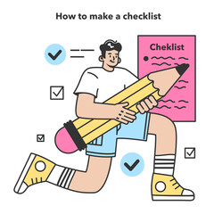 Checklist making concept. Character planning the daily routine