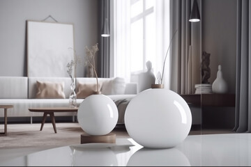 Fototapeta na wymiar Modern living room. Clean high key interior design concept. Illustration. Generative AI