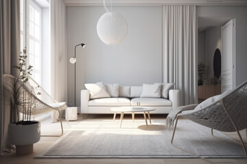 Modern living room. Clean high key interior design concept. Illustration. Generative AI