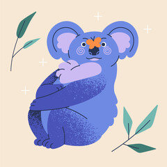 Happy cute koala. Funny Australian bear with butterfly sitting on nose. Adorable lovely baby character. Lazy fluffy amusing little animal sitting. Childish kids flat vector illustration