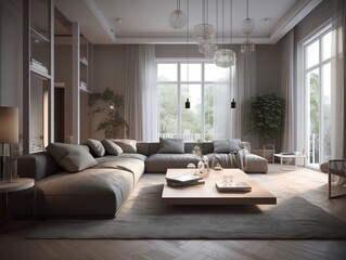 Diaphanous Interior design of modern apartment, living room with sofa and coffee tables 3d rendering. Created using generative AI.