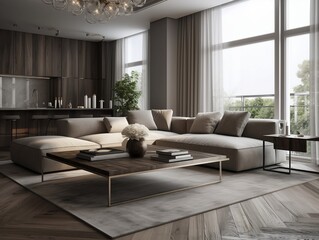 Diaphanous Interior design of modern apartment, living room with sofa and coffee tables 3d rendering. Created using generative AI.