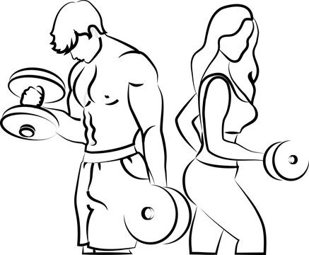 A guy and a girl of an athletic build train with dumbbells in the gym Black line with thinning.