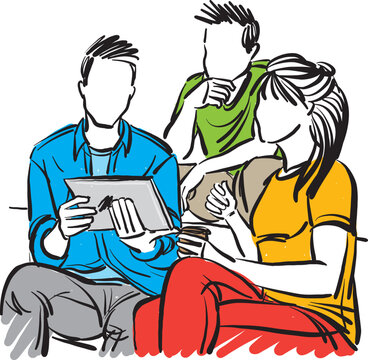 group of students teenagers college looking at tablet friends vector illustration