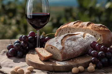 Stil-Life with bread and sky with whight small clouds and wine and grapes. Generative AI