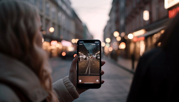 Texting outdoors, young woman captures city life generated by AI