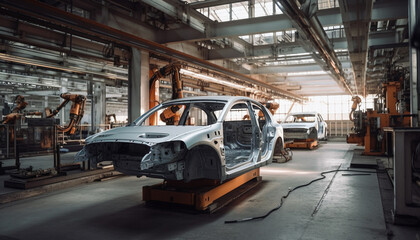 Naklejka premium Modern machinery in large factory constructs automobiles generated by AI