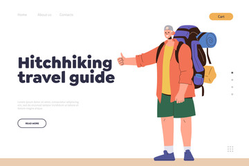 Hitchhiking travel guide landing page design template with happy cartoon male tourist backpacker