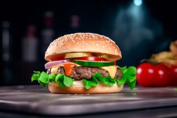 Perfect Premium Burger is very Juicy and Delicious in studio light. generative AI