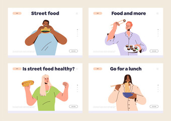 Restaurant food landing page set with happy hungry people eating fastfood and takeaway meal