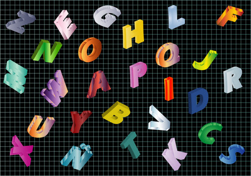 Alfabeto o abecedario español en 3d sobre cuadrícula azul sobre fondo negro