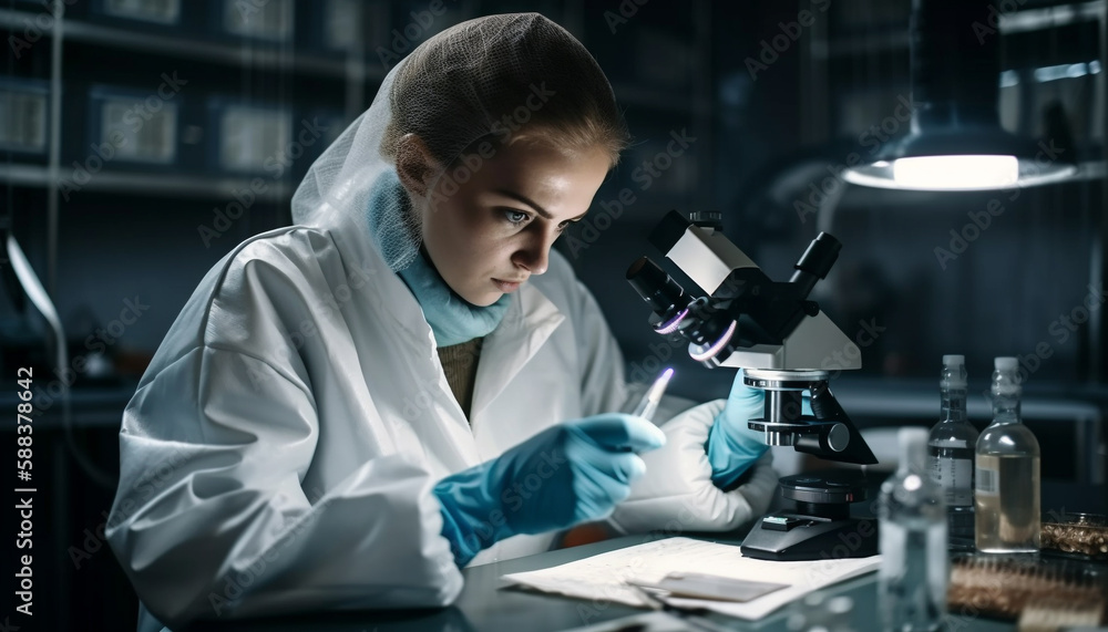 Poster one scientist examining liquid using microscope indoors generated by ai