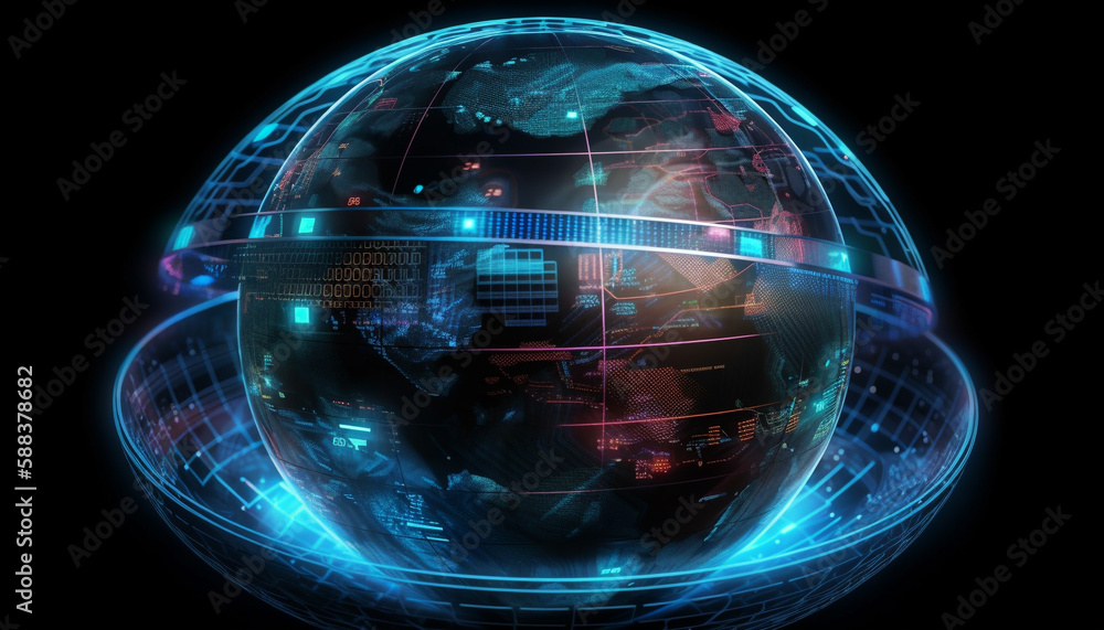 Poster glowing blue sphere displays global data patterns generated by ai