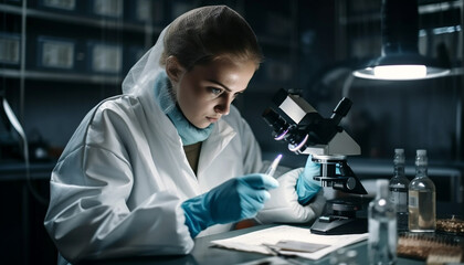 One scientist examining liquid using microscope indoors generated by AI