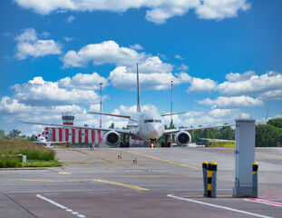 Airplane on runway preparing for takeoff