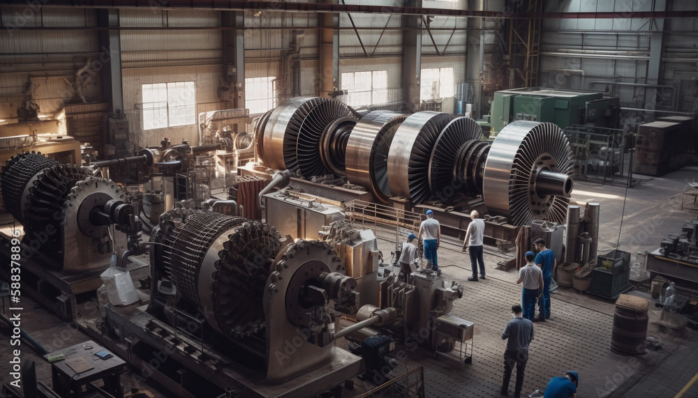 Poster metal workers in factory using automated equipment generated by ai