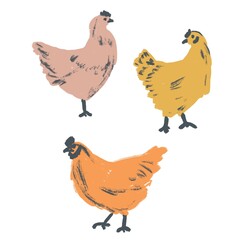 Hand drawn illustration of hen chicken, domestic bird animal poultry. Rustic retro vintage logo design in pink orange yellow ornament for packaging, organic food silhouette farm livestock..