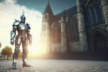 Knight in front of gothic cathedral created with Generative AI 