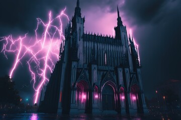 Fototapeta premium Mysterious neon gothic cathedral created with Generative AI 