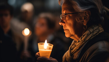 Praying adult holding candle, illuminated by flame generated by AI