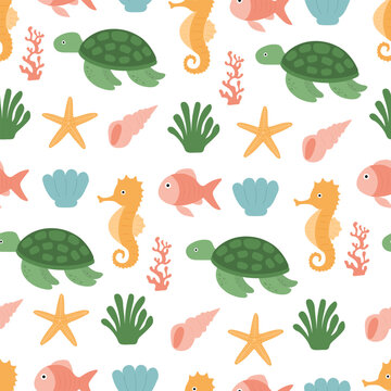 Seamless pattern Underwater world sea animals background vector illustration