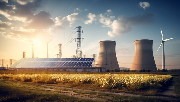 Sunset illuminates sustainable power station renewable energy generated by AI