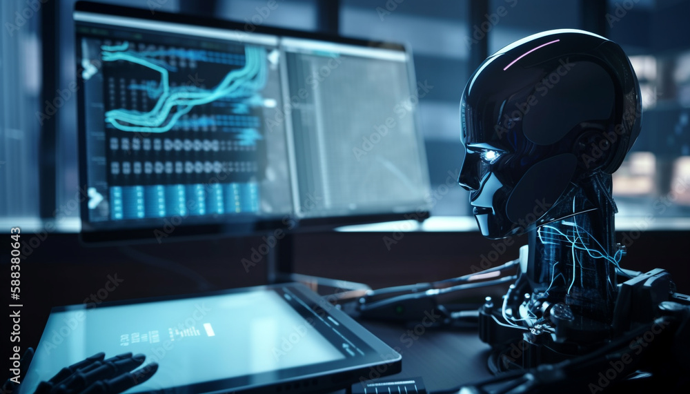 Poster futuristic cyborg engineer working with robotic arm machinery generated by ai