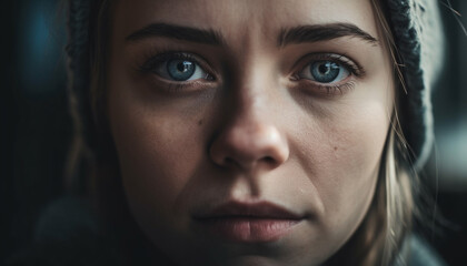 Beautiful woman staring, sadness in human eyes generated by AI