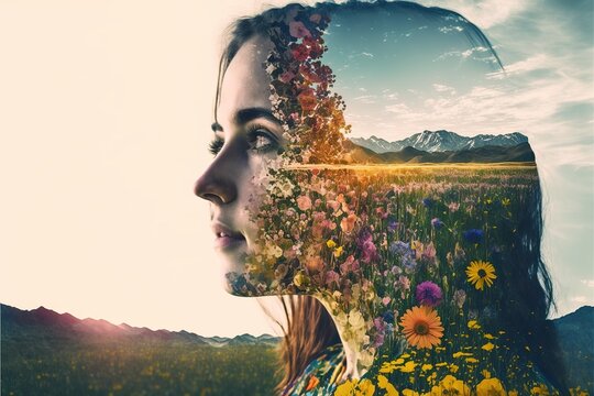 Double exposure woman and flower in meadow during spring, beauty scenery for sense of positive growth mindset perfect for serene concept. Meditative and mental abstract art. Superb Generative AI
