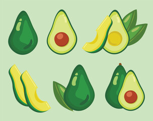 Set of illustrations with avocado. Exotic fruits, flowers and leaves isolated on a white background. Avocado isolated icons set