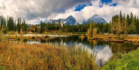 The New Strbske pleso lake with beautiful reflection on the water next to the village in the Hight Tatras National park 