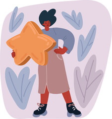 Cartoon vector illustration of Woman Hold Yellow Star to Rate Service or Goods. Client Female Character Feedback and High Rating. Customer Review and User Rating Star