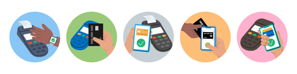 Wireless contactless NFC payments. POS terminal for contactless pay with smartphone or credit card. Online payment. Mobile banking app and e-payment.