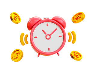 3d minimal Business investments. Stop wasting time. Time is money concept. alarm clock with coins around. 3d illustration.