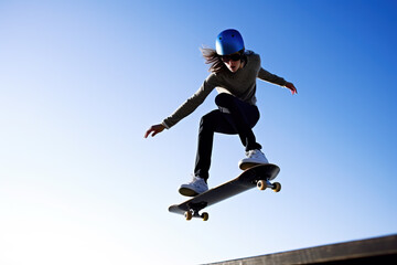 Obraz na płótnie Canvas Young woman skateboarding against blue sky, generative ai