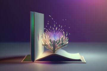 Book with luminous flowers inside created with Generative AI 
