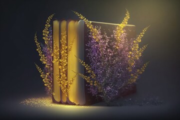 Book with luminous flowers inside created with Generative AI 