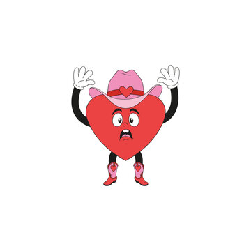 Howdy Valentines Day Funny cowboy with hand up cartoon heart character vector illustration isolated on white. Red Pink aesthetics Wild west print for 14 February holiday.