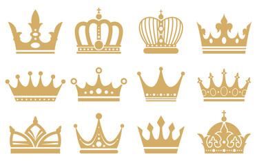 Golden silhouettes of crowns. Symbol of the rule of the power of wealth. Your company logo icons. Vector illustration