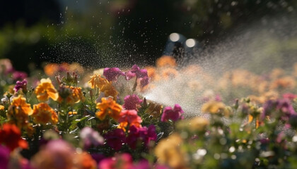 Blossoming flowers spritzed by fresh dew drops generated by AI