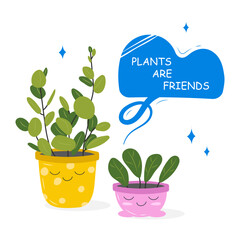 Postcards with a picture of a houseplant in a pot with a slogan about a friend. Cute kawaii houseplants with lattering, plants are friends. Vector illustration isolated on white background.