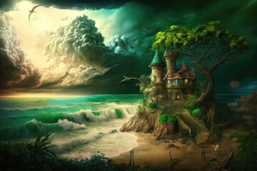 Malachite landscape with castle created with Generative AI 