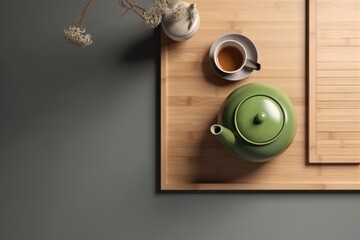 Cup of tea with teapot on wooden board minimalistic 3d top view copy space. AI generated