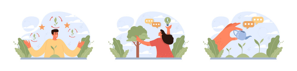 Gardening and planting set. Character taking care of plants, flowers