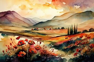Landscape of poppy fields watercolor created with Generative AI 